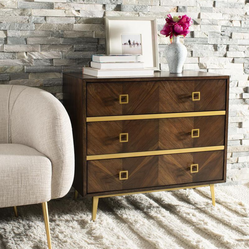 Safavieh Katia 3 Drawer Chest, Walnut Parquet/Gold