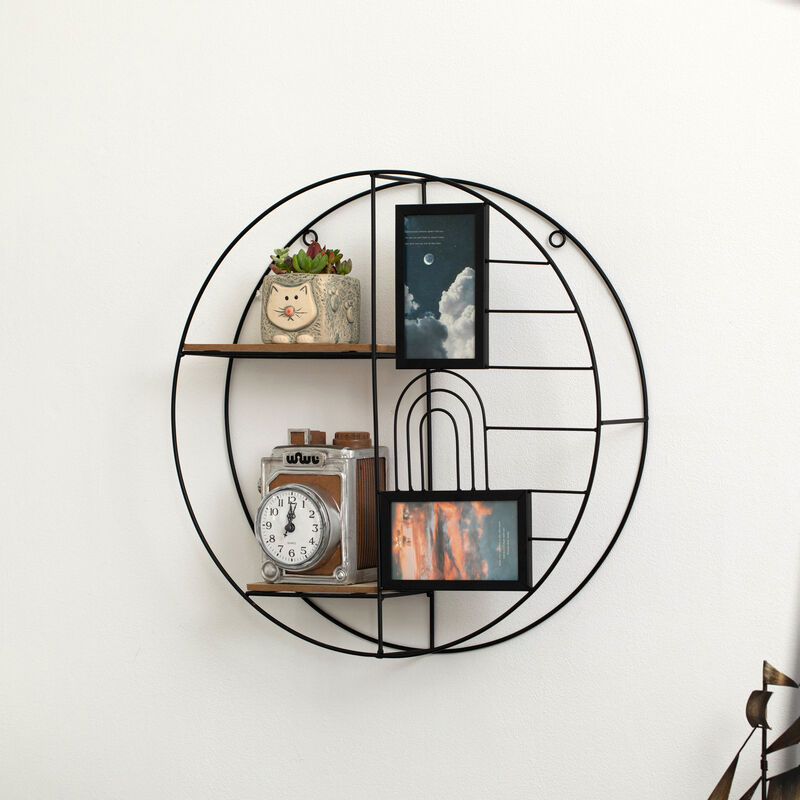 Vintiquewise 2-Tier Decorative Floating Circular Silhouette Wall Shelf with 2 Photo Frames - Circular Metal and Wood Wall-Mounted Shelf for Entryway, Bathroom, Bedroom, and Living Room Decor, Black