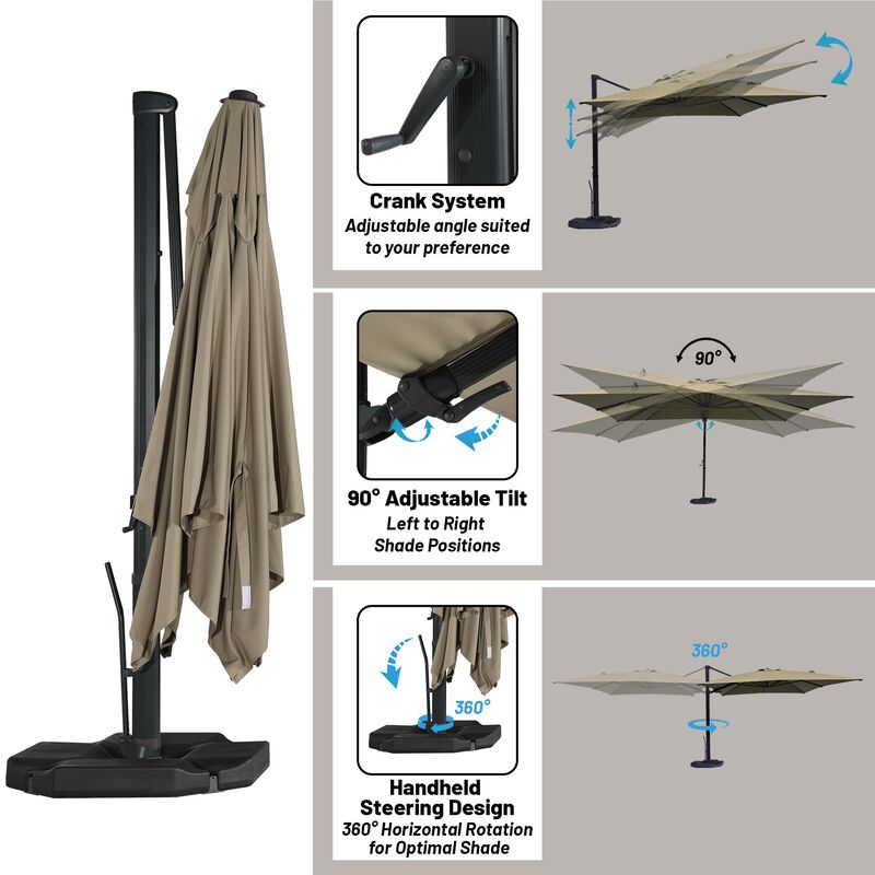 10x13 ft. 360 Rotation Patio Cantilever Umbrella with Base in Taupe
