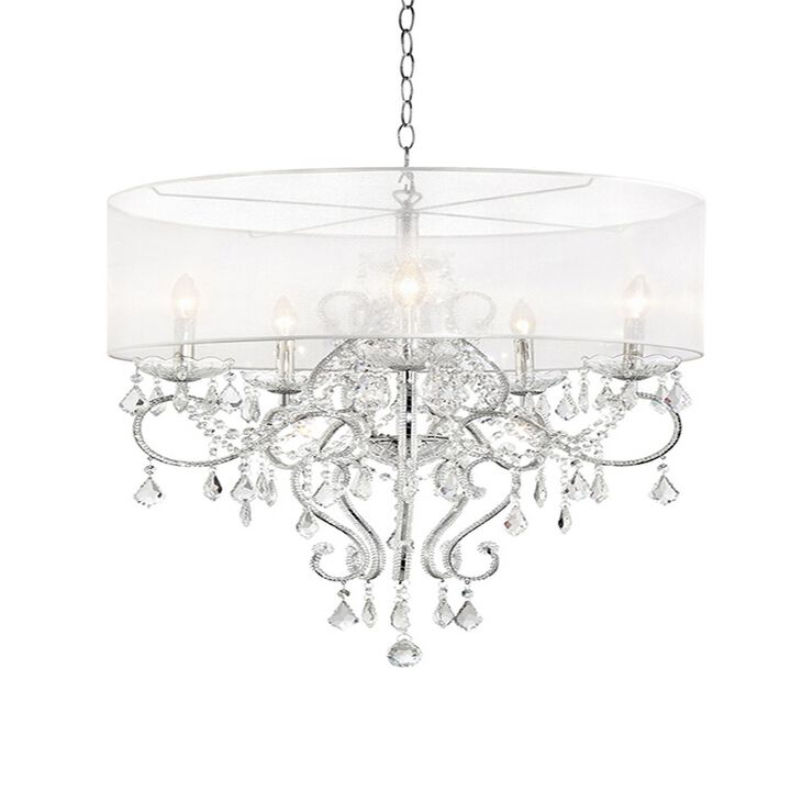 32 Inch Ceiling Lamp with Hanging Crystals, Round Canopy, Silver-Benzara