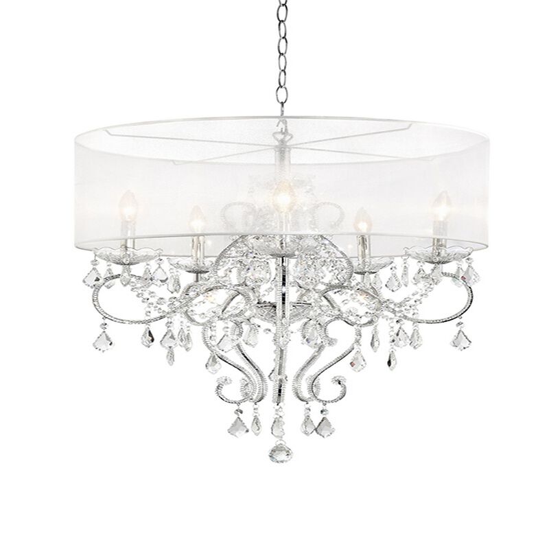 32 Inch Ceiling Lamp with Hanging Crystals, Round Canopy, Silver-Benzara