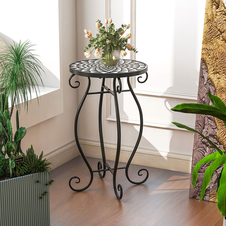 Small Plant Stand with Weather Resistant Ceramic Tile Tabletop-Black & White