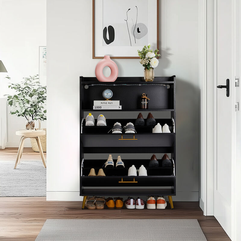 Shoe Storage Cabinet with Double Doors, 6-Tier Shelves & Built-in LED Lights for Entryway
