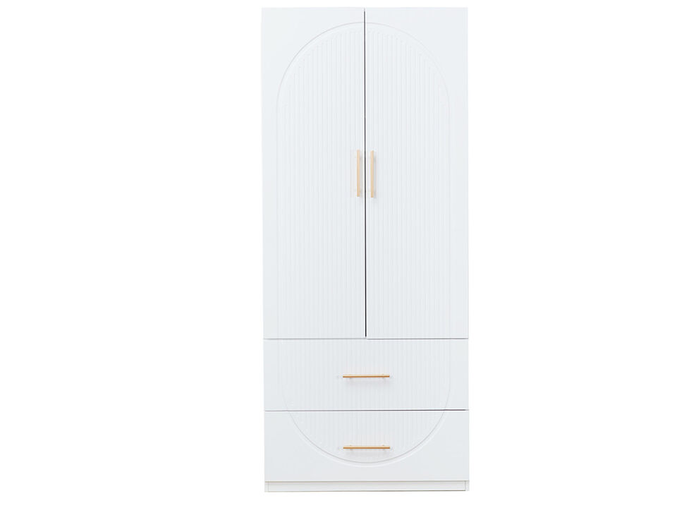 Armoire Wardrobe Closet with 2 Doors with Clothing Rod Inside Cabinet and 2 Drawers for Storage, White,31.5”W x 20.4”D x 74.2”H