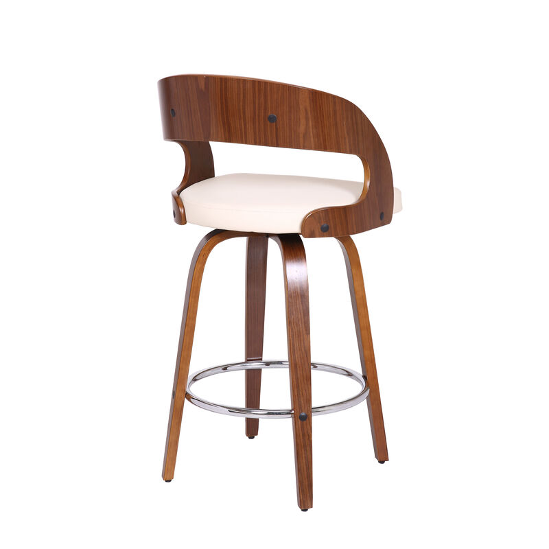 Shelly Bar Height Swivel Cream Faux Leather and Walnut Wood Bar Stool