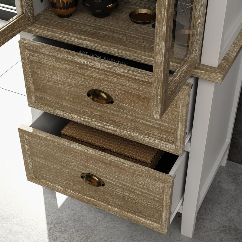 FUFU&GAGA Modern Tall Kitchen Pantry Cabinet with Glass Doors and Drawers for Dining Room Storage, (23.6" W x 73" H x 15.7" D), White & Brown