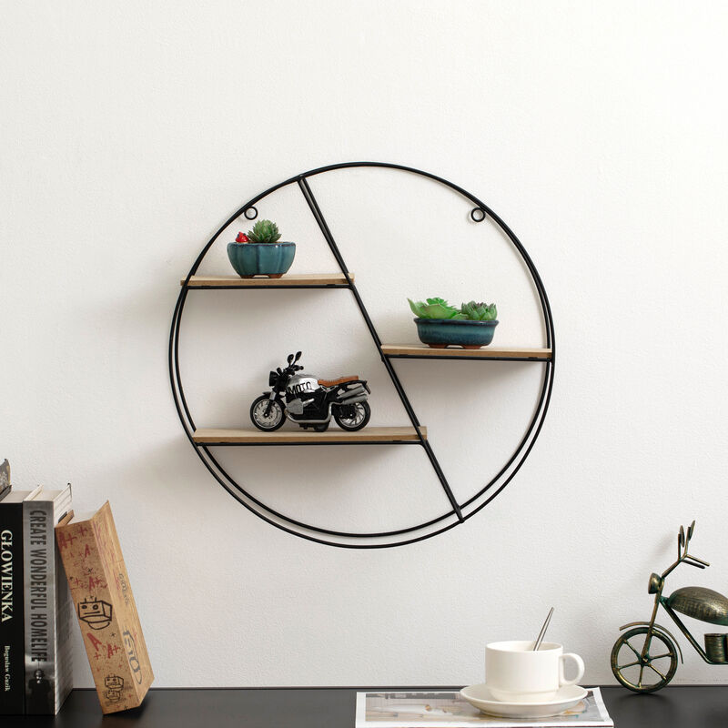 Vintiquewise Elegant 3-Tier Decorative Floating Circular Silhouette Wall Shelf - Circular Metal and Wood Wall-Mounted Shelf for Entryway, Bathroom, Bedroom, and Living Room Decor, Black Finish