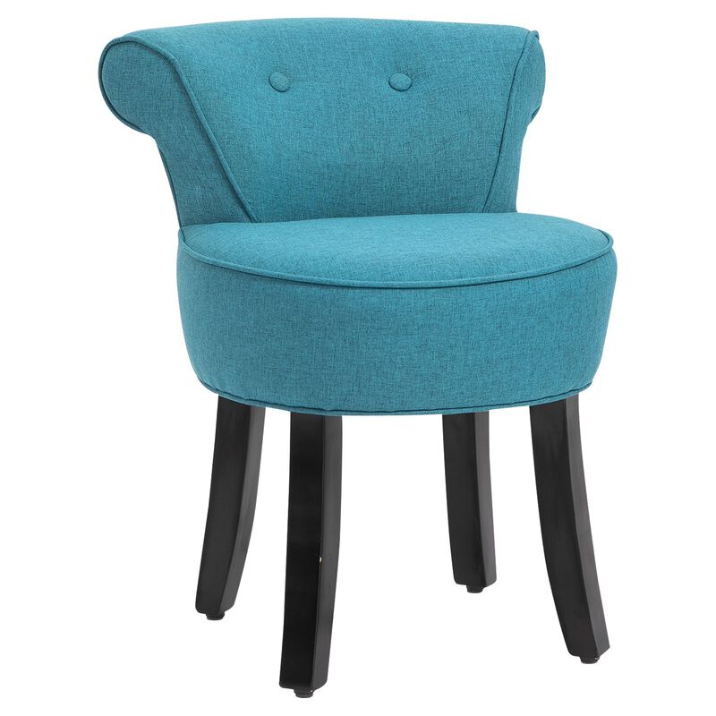 Blue Vanity Seat: Upholstered Linen Chair with Rubberwood Legs
