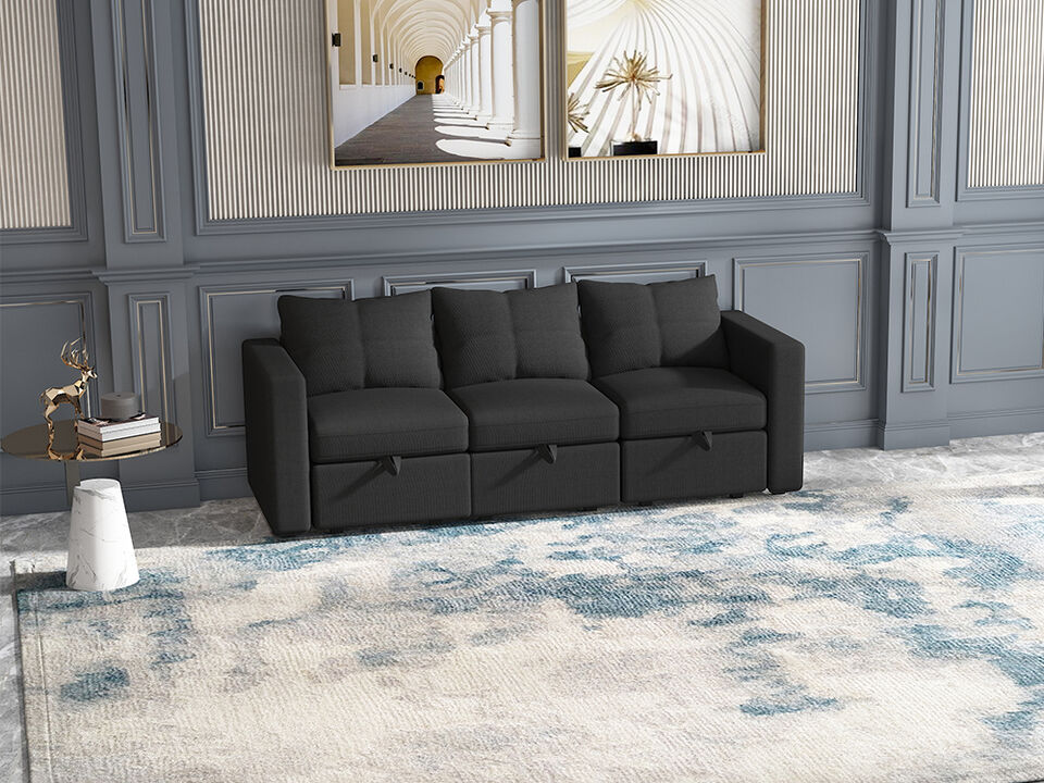 Livelylodge Modular 3-Seat Sofa with Wooden Frame and Pull-Out Bed,  Convertible Sectional Sofa for Living Room, Available in Black, White, and Gray 85" L x 30.5" W x 34" H.