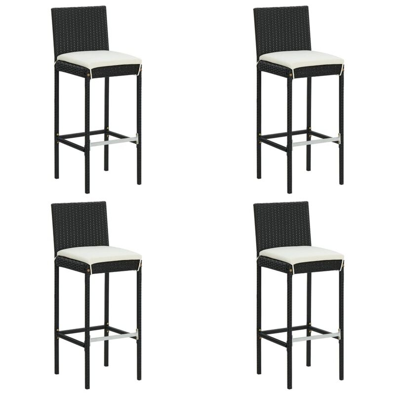 Nyra Garden Barstool Chair Set of 4, White Cushions, Black Rattan - Benzara
