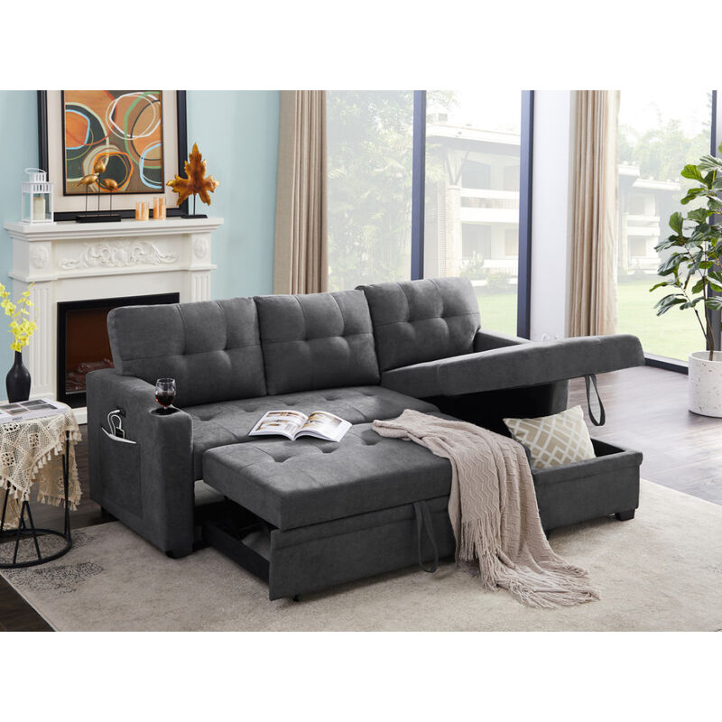 Mabel Dark Gray Woven Fabric Sleeper Sectional With Cup Holder, USB Charging Port And Pocket