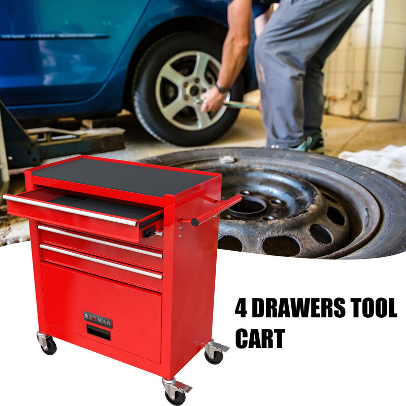 4 Drawers Multifunctional Red Tool Cart With Wheels