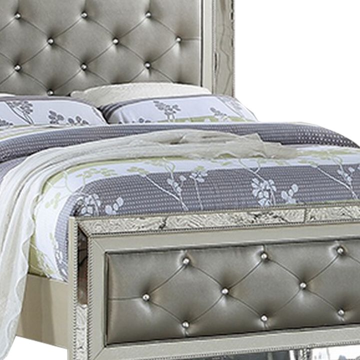 Reva King Bed, Mirror Inlaid, Button Tufted Gray Faux Leather Upholstery - Benzara