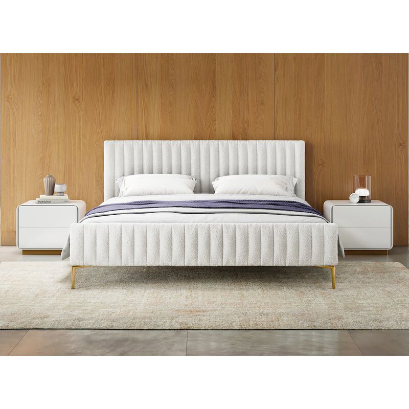 Omax Decor Julia Upholstered Modern Fabric King Platform Bed in White Boucle