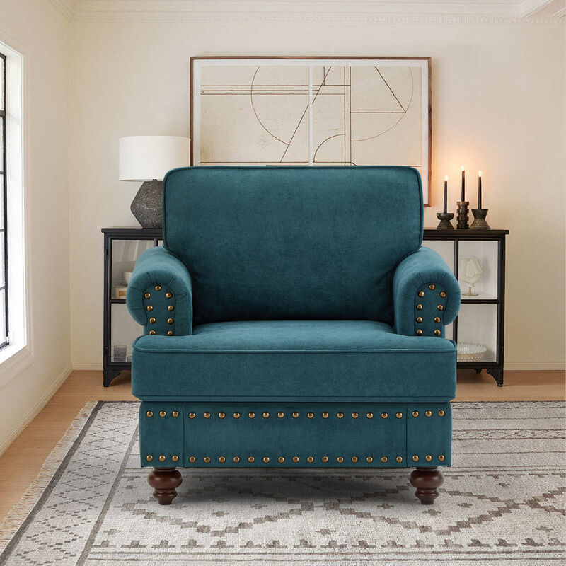 Green Chenille Sectional Sofa with Brown Legs