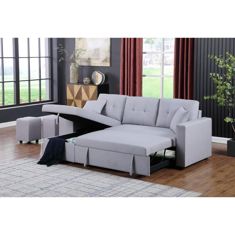 Dennis Light Gray Linen Fabric Reversible Sleeper Sectional With Storage Chaise And 2 Stools