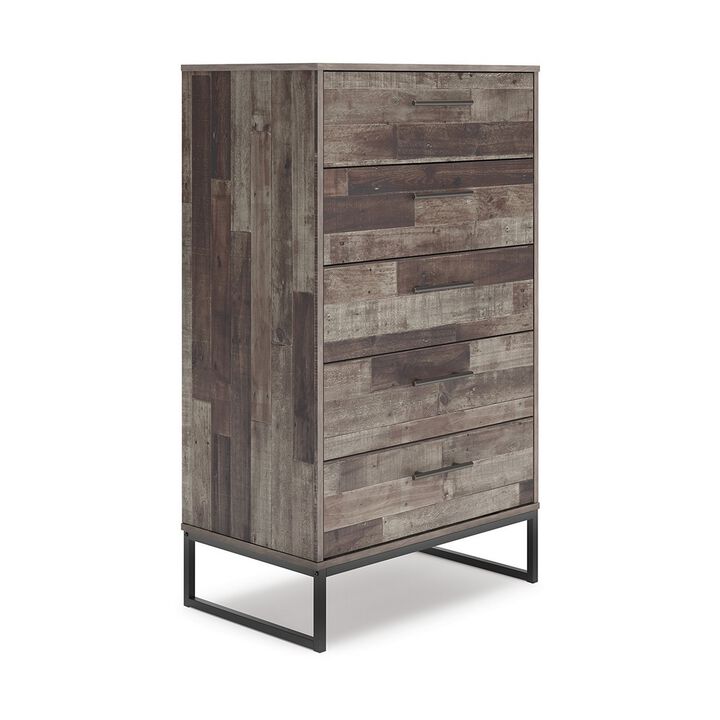 Vyne 51 Inch Tall Dresser 5 Drawers Chest, Gray Woodblock, Black Metal Base -Benzara