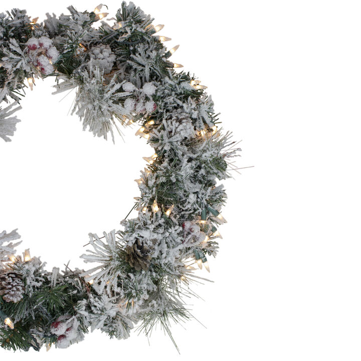 Pre-lit Heavily Flocked Berries and Pine Cones Artificial Christmas Wreath - 24-Inch  Clear Lights