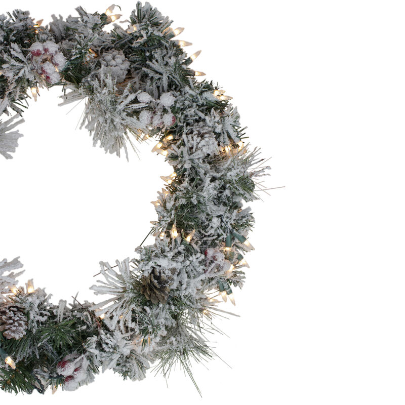 Pre-lit Heavily Flocked Berries and Pine Cones Artificial Christmas Wreath - 24-Inch  Clear Lights