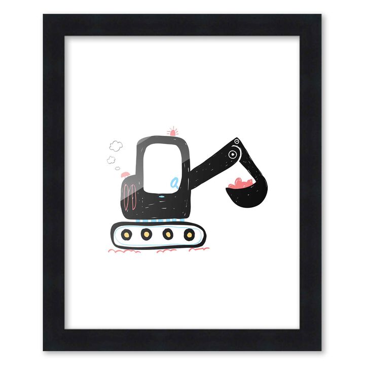 8x10 Framed Nursery Wall Art Construction Excavator Poster in Black Wood Frame For Kid Bedroom or Playroom