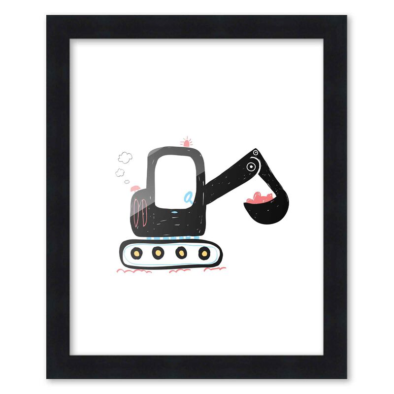 8x10 Framed Nursery Wall Art Construction Excavator Poster in Black Wood Frame For Kid Bedroom or Playroom