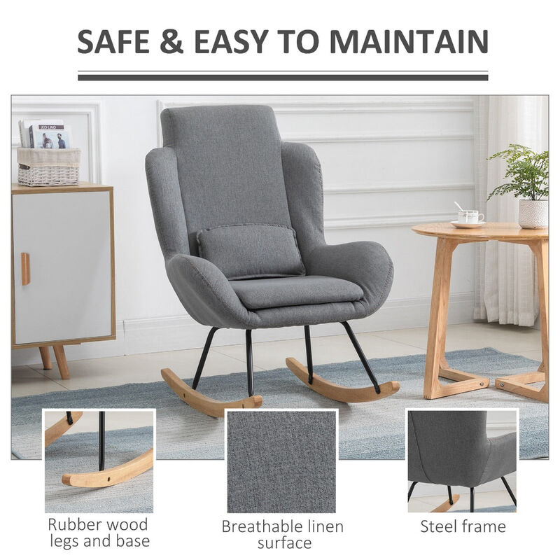 Light Grey Modern Rocker: Fabric Armchair with Removable Lumbar Pillow