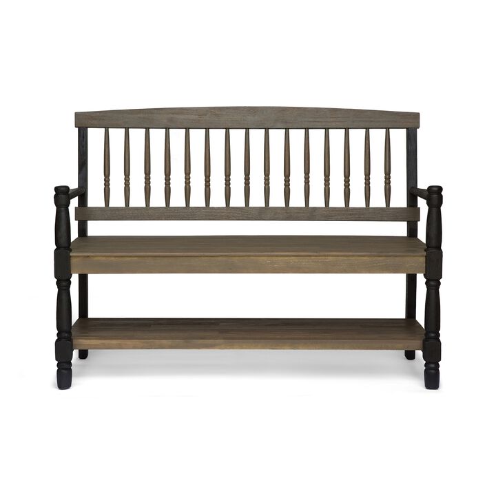 Ikra Outdoor Bench with Shelf, 51 Inch Carved Gray Acacia Wood, Black - Benzara