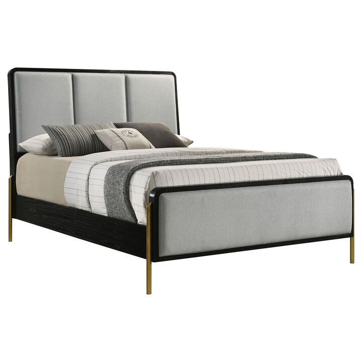 Fij Queen Size Bed, 3 Block Panel Headboard, Slim Legs, Gray Upholstery - Benzara