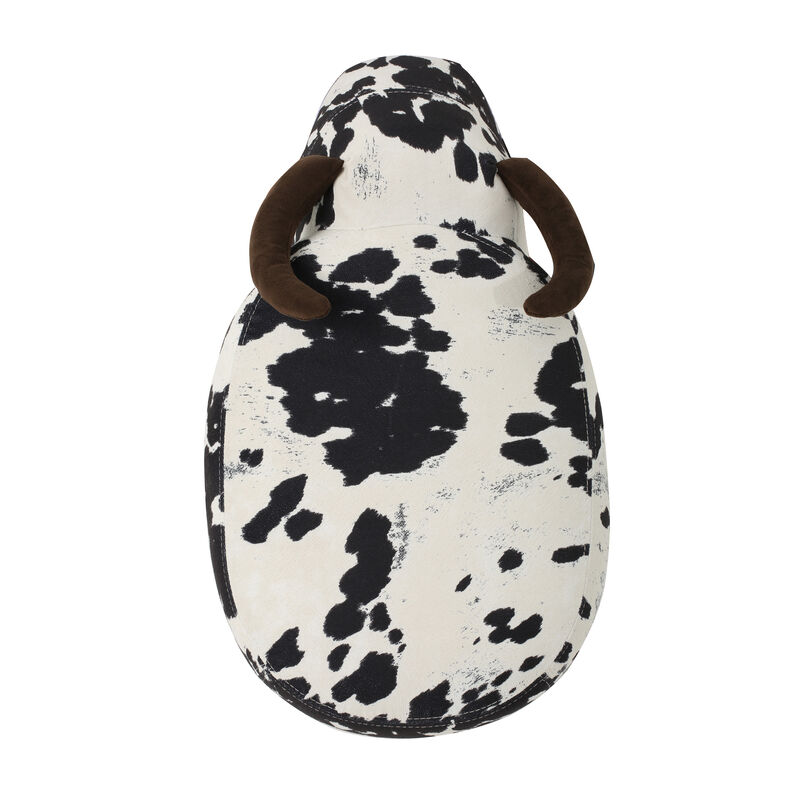 Massy Cow Kids Ottoman 25 Inches, Black, White Velvet, Light Brown Horn - Benzara