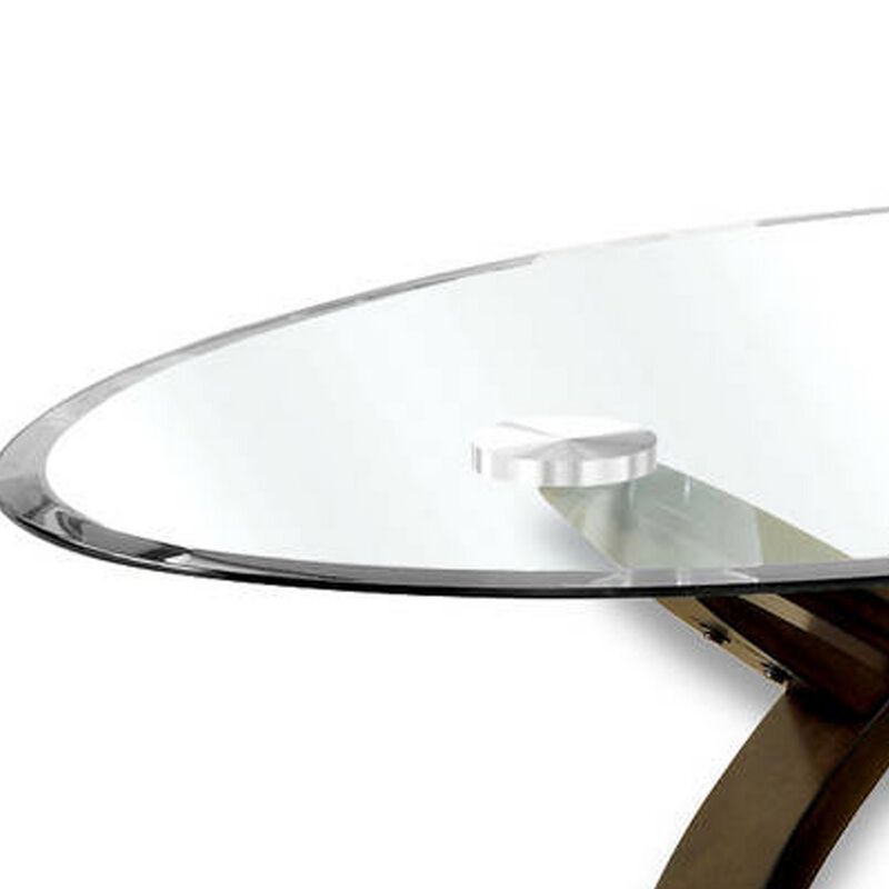 Oval Glass Top Coffee Table with Cross Oval Base, Brown and Clear-Benzara
