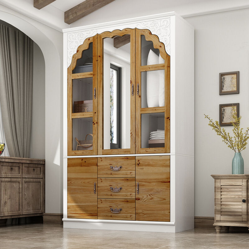 75.7 in. H Paint Finish Wooden Accent Storage Cabinet in Brown and White, Rustic Style, With Mirror Doors and Drawer