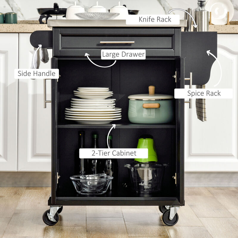 Wood Kitchen Island Cart Storage Box Cabinet  Drawer Trolley w/ Stainless Steel