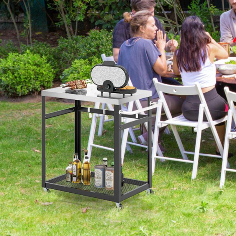 Hivvago 2-Tier Stainless Steel Grill Cart with 4 Hooks and Wheels BBQ Table