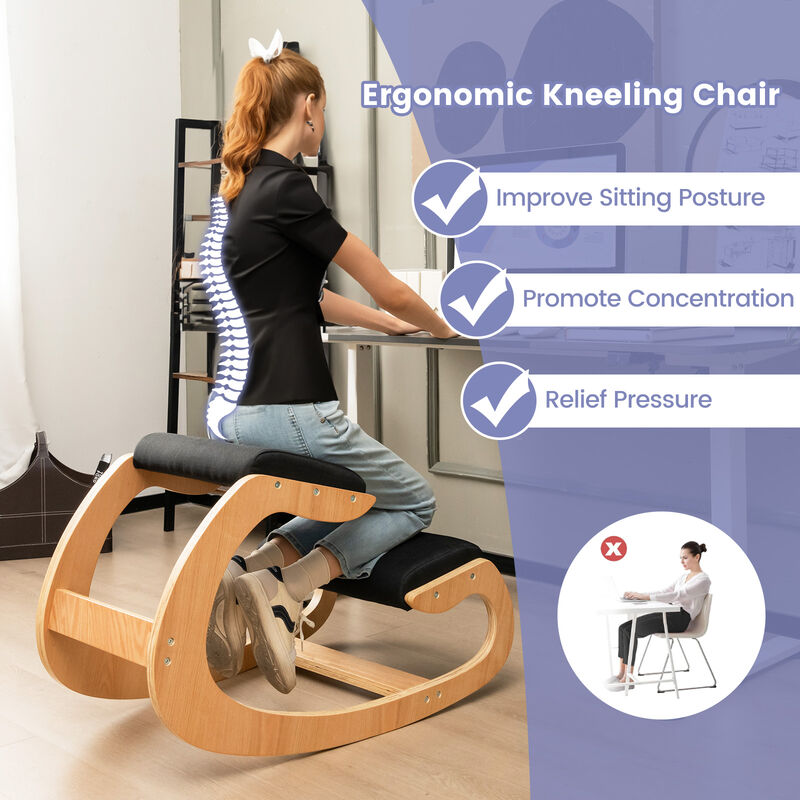 Wooden Rocking Chair with Comfortable Padded Seat Cushion and Knee Support