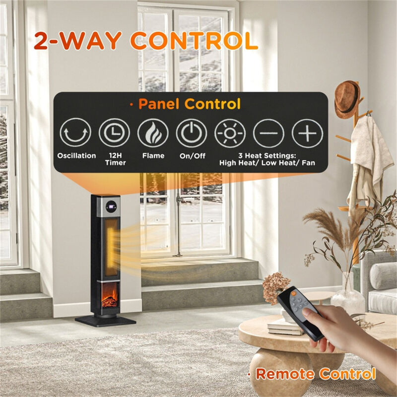 Electric Fireplace Heater with Adjustable Temperature and Realistic Flame