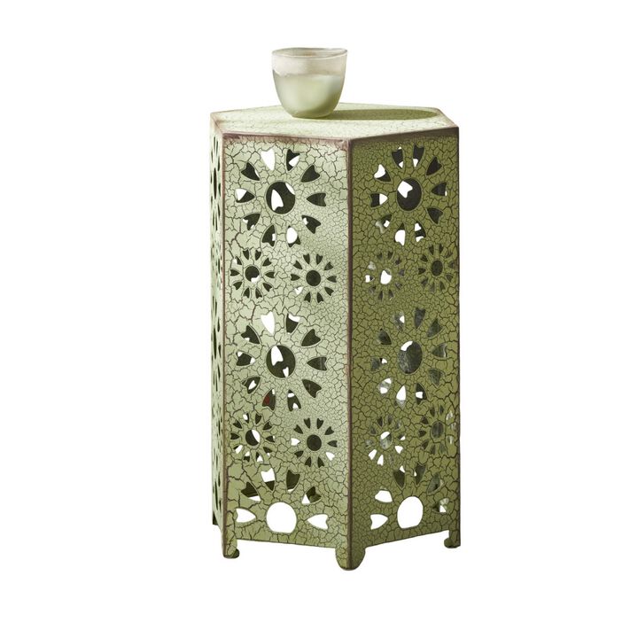 Liana Outdoor Side Table, Hexagonal 14 Inch, Sunburst Cut Out, Green - Benzara
