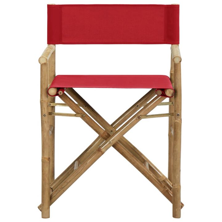 Outdoor Foldable Accent Chair Set of 2, Red Fabric, Brown Bamboo - Benzara