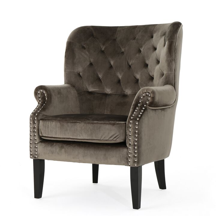 Nire Accent Club Chair, Nailhead Trim, Brown Birch Wood, Gray Velvet - Benzara