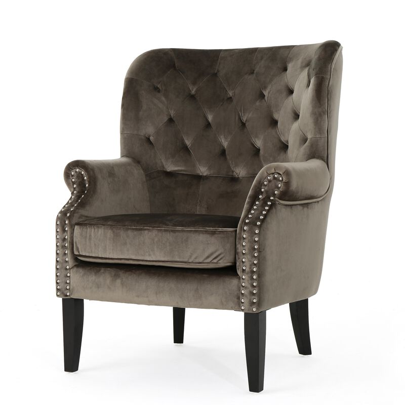 Nire Accent Club Chair, Nailhead Trim, Brown Birch Wood, Gray Velvet - Benzara