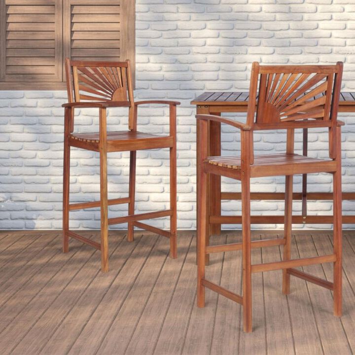 Hivvago 2 Pieces Outdoor Acacia Wood Bar Chairs with Sunflower Backrest and Armrests