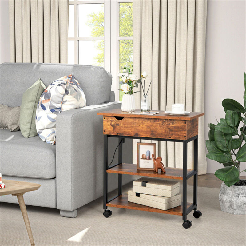 Rolling Bedside Table with Adjustable Tabletop, USB Ports & Power Outlets