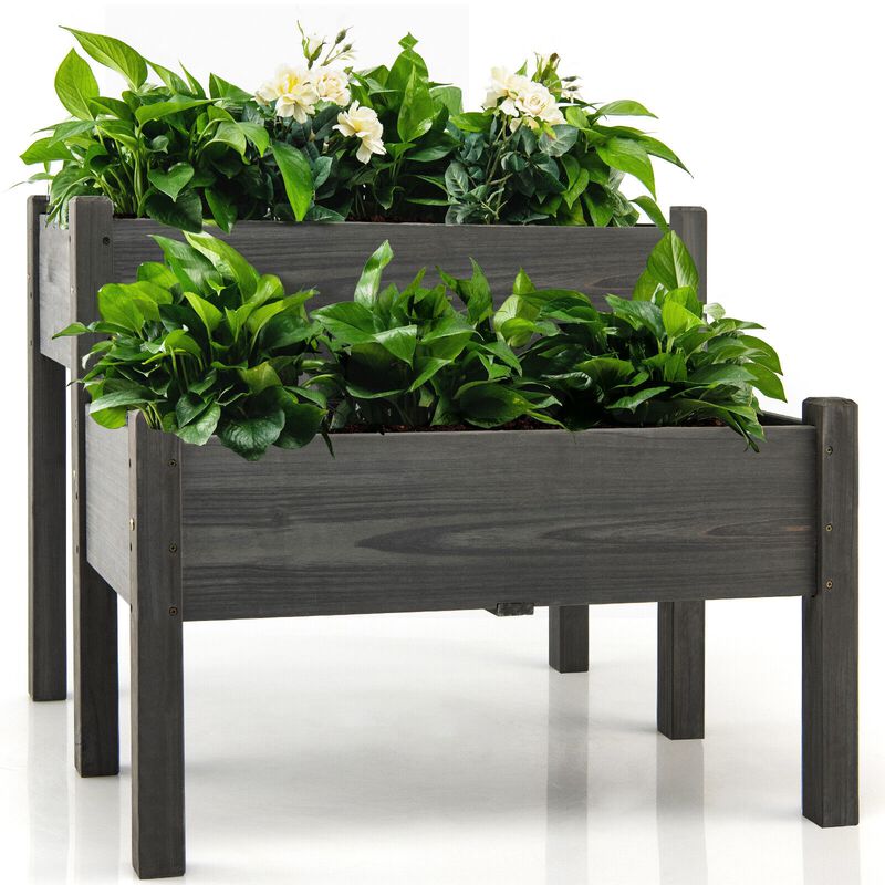 2 Tier Wooden Elevated Planter Box with Legs and Drain Holes for Balcony and Yard