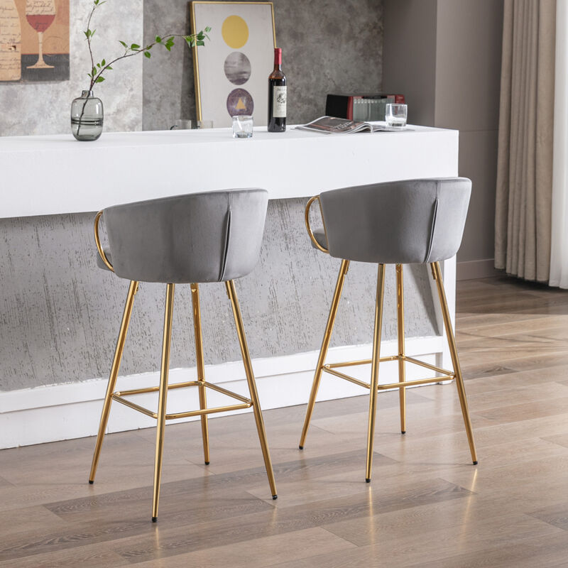 26 Inch Set Of 2 Bar Stools, With Chrome Footrest And Base Velvet + Leg Simple Barstool