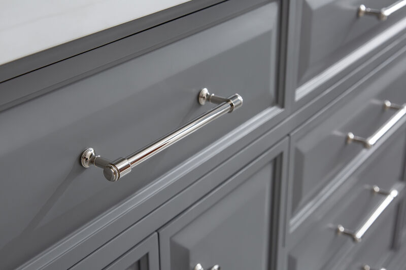 Palace 72 In. Double Sink Carrara Quartz Countertop Bath Vanity in Cashmere Grey with Polished Nickel (PVD) Hardware and Waterfall Faucets