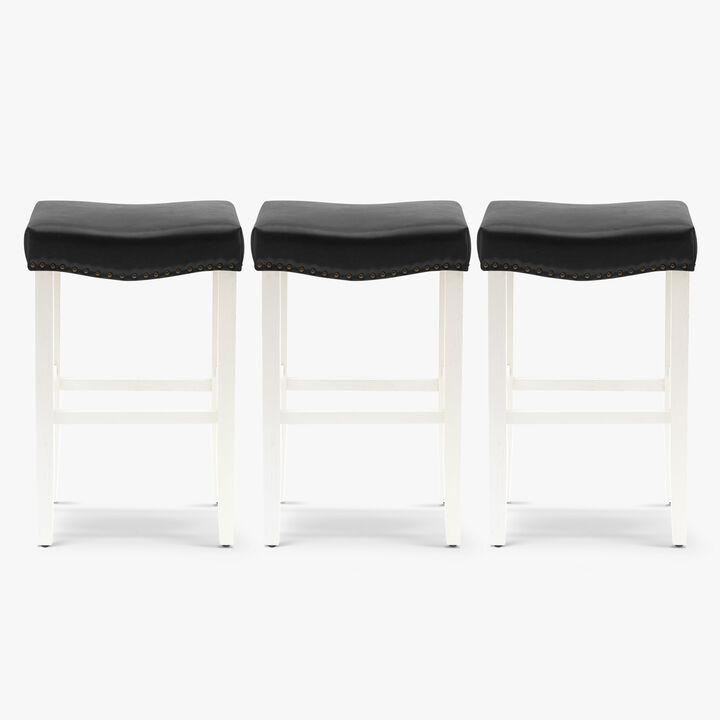 WestinTrends 29" Upholstered Saddle Seat Antique White Bar Stool (Set of 3)