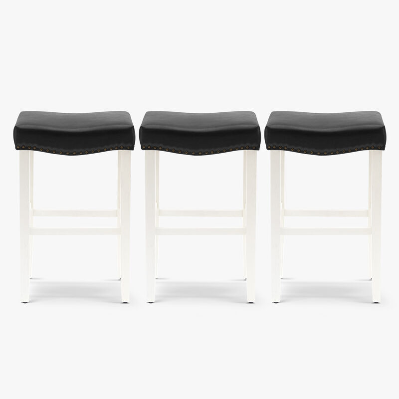 WestinTrends 29" Upholstered Saddle Seat Antique White Bar Stool (Set of 3)