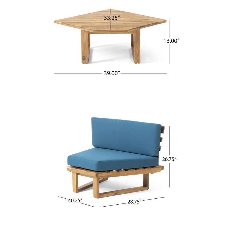 Outdoor Corner Chair and Coffee Table Set, Brown Acacia Wood Dark Teal - Benzara