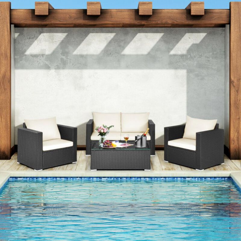 Hivvago 4 Pieces Patio Rattan Conversation Set with Padded Cushions