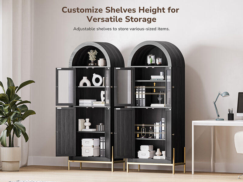 BELLEZE Modern Arched Kitchen Pantry, 5-Tier Wood Decorative Storage Cabinet with Reeded Glass Door and Adjustable Shelves, Freestanding Accent Display Cabinet for Home Living Room, Black