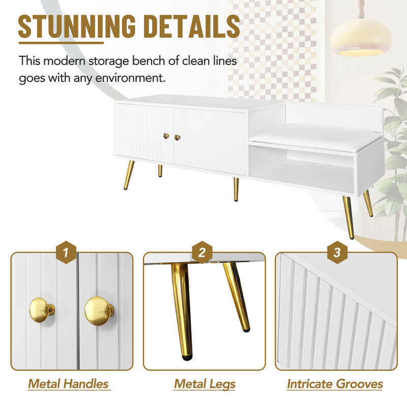 Clihome Modern Shoe Storage Bench with Hidden Storage and Upholstered Cushions for Bedside, Living Room and Entryway (White)